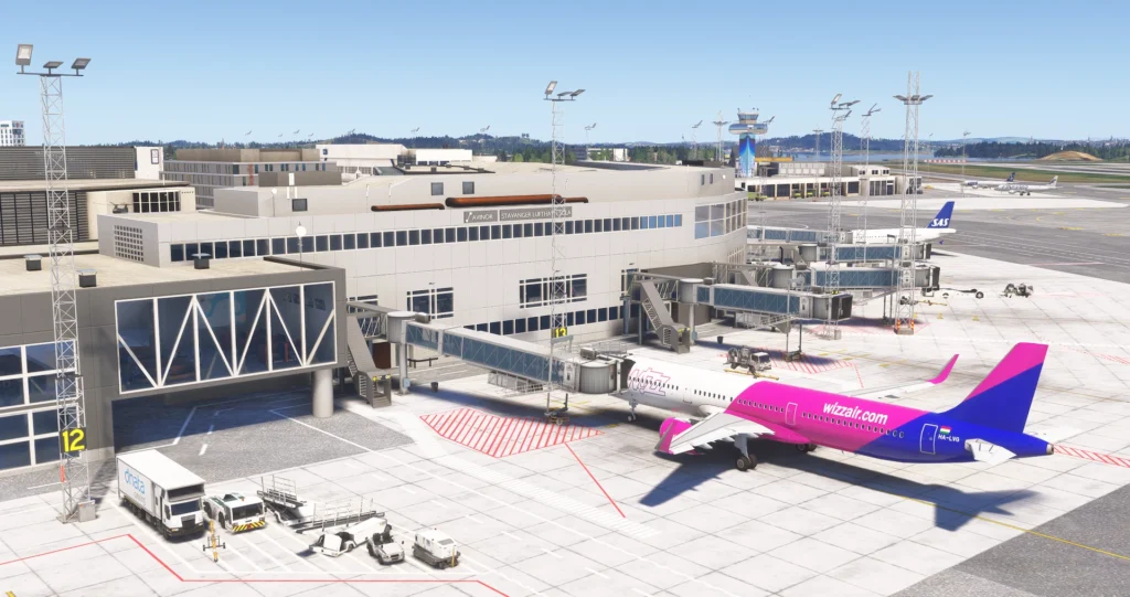 ENZV Stavanger Sola da IronSim no Microsoft Flight Simulator, com aeronave no pátio.