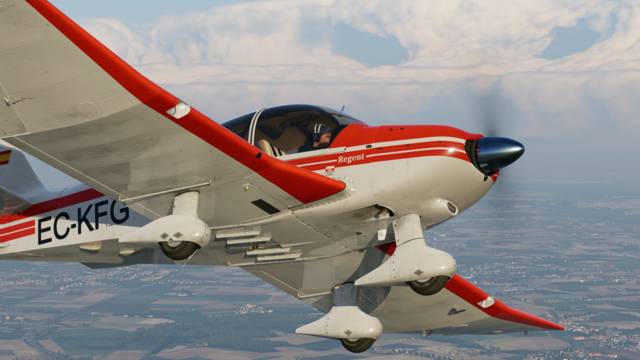 Robin DR400 em voo com pintura vermelha no X-Plane 12