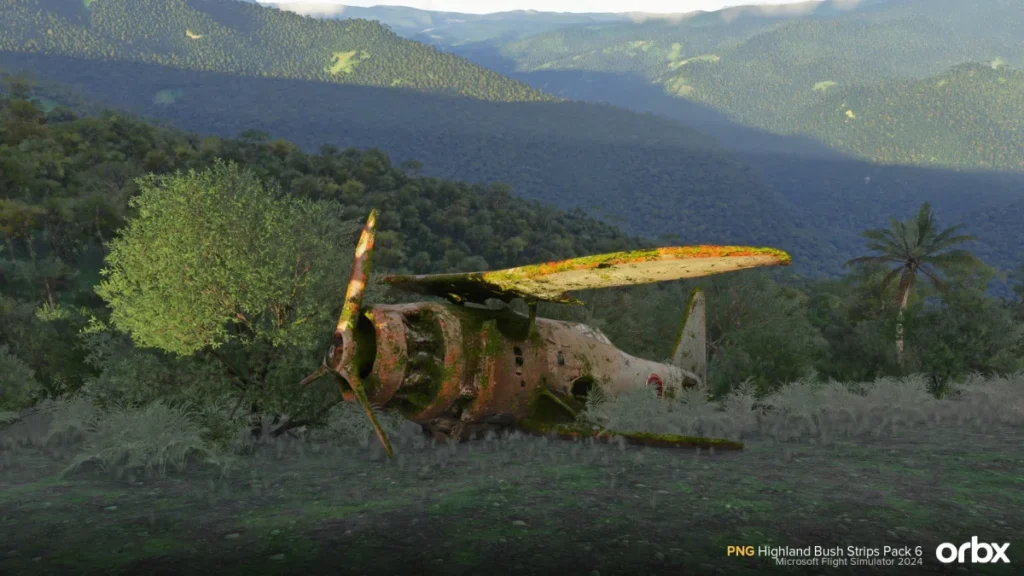 Aeronave acidentada como tributo visual no PNG Highland Bush Strips Pack 6 da Orbx.