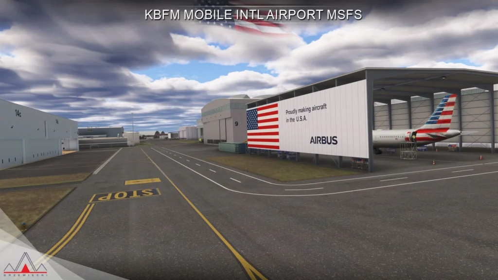 Complexo industrial Airbus no KBFM Mobile da Drzewiecki Design para MSFS