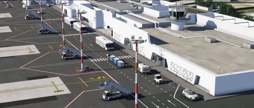 Terminal e pátio de Mykonos no X-Plane 12