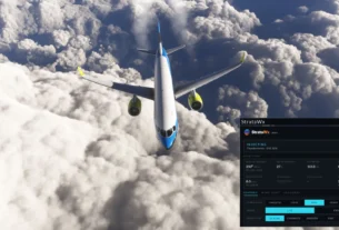 StrataWx exibindo aeronave em voo acima das nuvens com painel de clima para Microsoft Flight Simulator