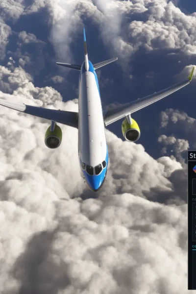 StrataWx exibindo aeronave em voo acima das nuvens com painel de clima para Microsoft Flight Simulator