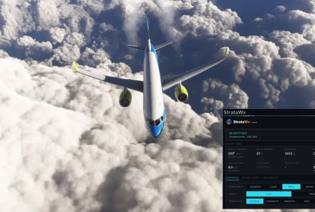 StrataWx exibindo aeronave em voo acima das nuvens com painel de clima para Microsoft Flight Simulator