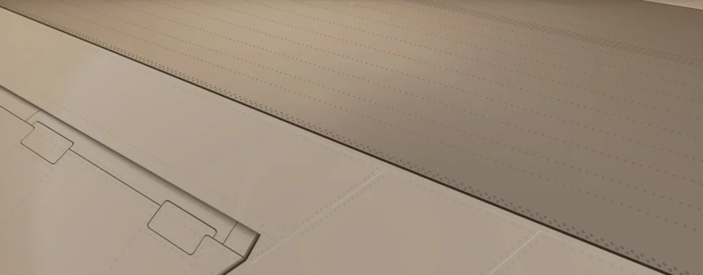 Detalhe de asa do Boeing 747 da PMDG com rebites e texturas