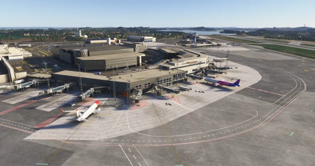 Vista aérea do aeroporto ENZV Stavanger Sola recriado pela IronSim para MSFS.