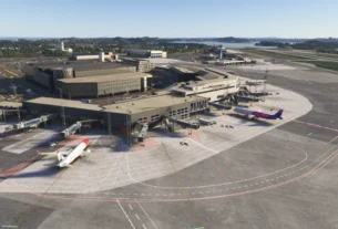 Vista aérea do aeroporto ENZV Stavanger Sola recriado pela IronSim para MSFS.