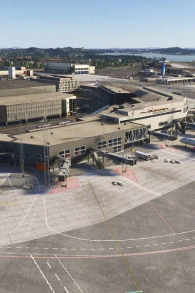 Vista aérea do aeroporto ENZV Stavanger Sola recriado pela IronSim para MSFS.