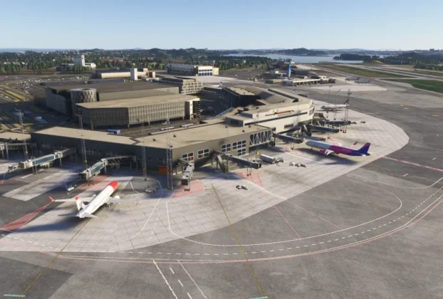 Vista aérea do aeroporto ENZV Stavanger Sola recriado pela IronSim para MSFS.