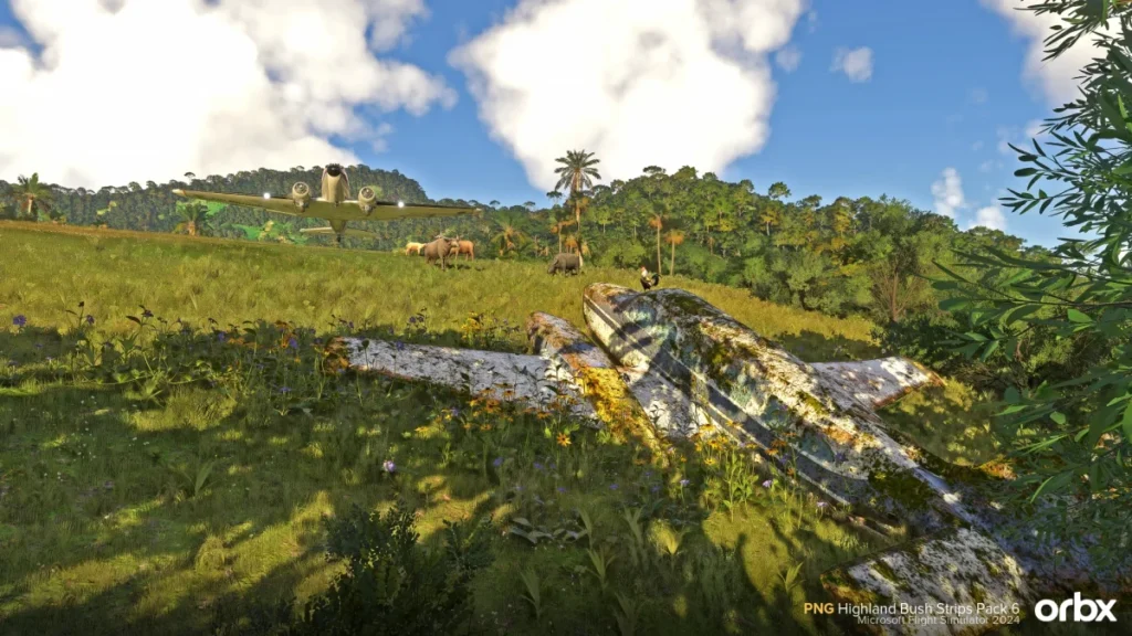Cena de bush flying em Papua-Nova Guiné no Pack 6 da Orbx para MSFS 2024.