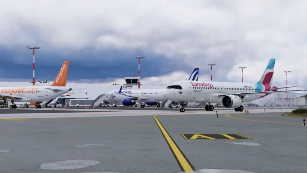 Aeronaves estacionadas no Mykonos Airport da Skydom para X-Plane 12