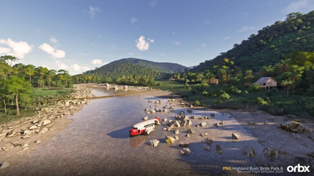Rio e vila remota no PNG Highland Bush Strips Pack 6 da Orbx.