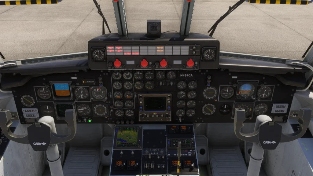 Painel do CASA C-212 Aviocar da ProjectMAX no Microsoft Flight Simulator.