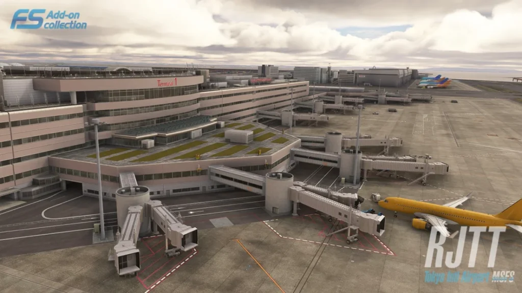Área de estacionamento do aeroporto Tokyo Haneda recriada pela TechnoBrain no MSFS
