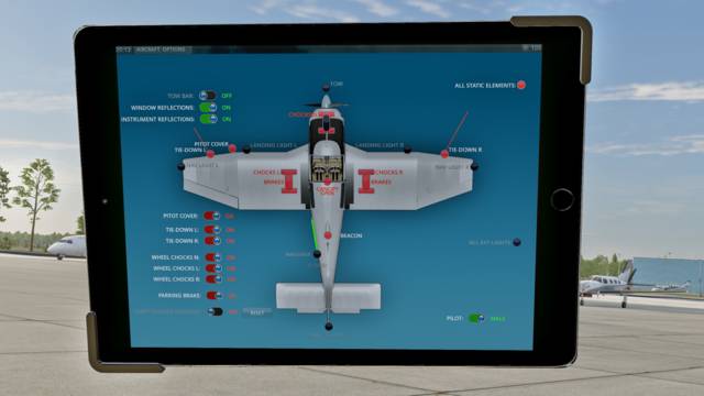 ThrandaPad do Robin DR400 exibindo opções de configuração no X-Plane 12
