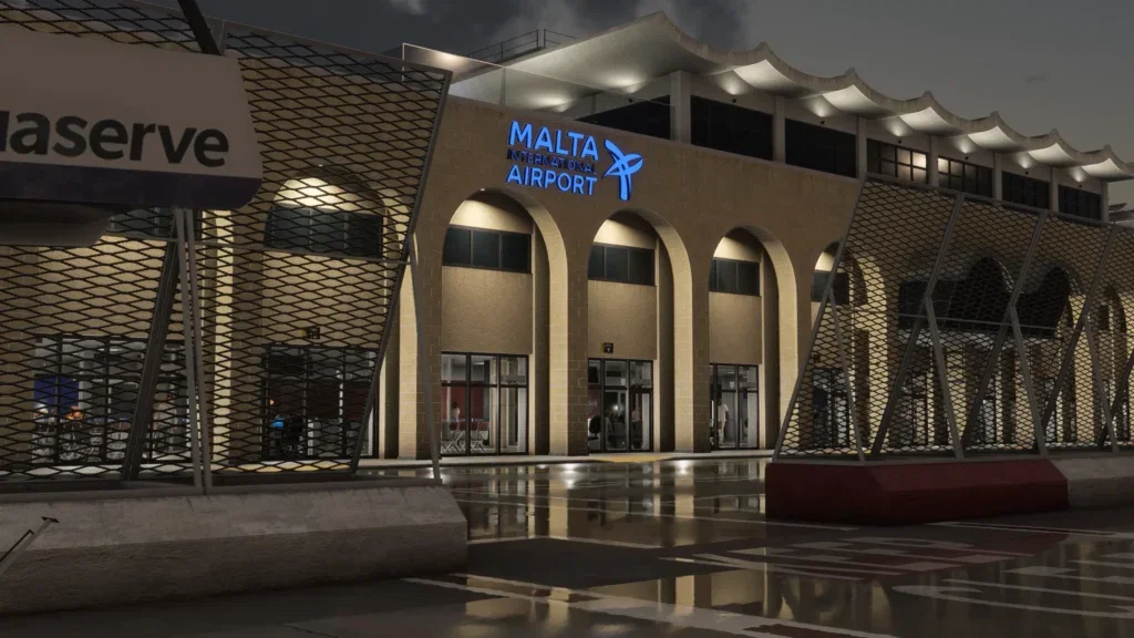 Fachada do Malta International Airport no cenário da iniBuilds para MSFS 2024