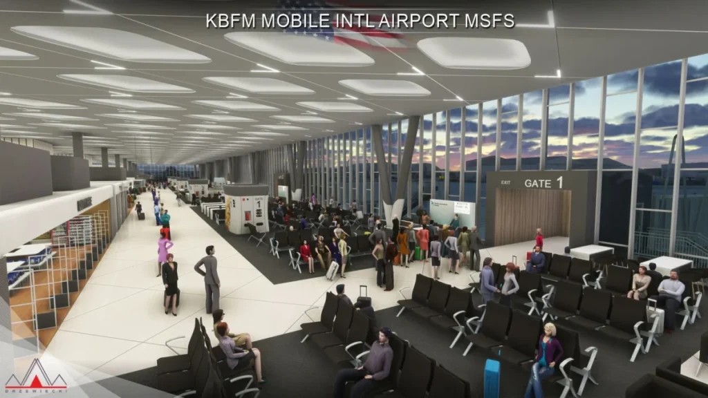 Interior do terminal do KBFM Mobile International Airport no cenário da Drzewiecki para MSFS