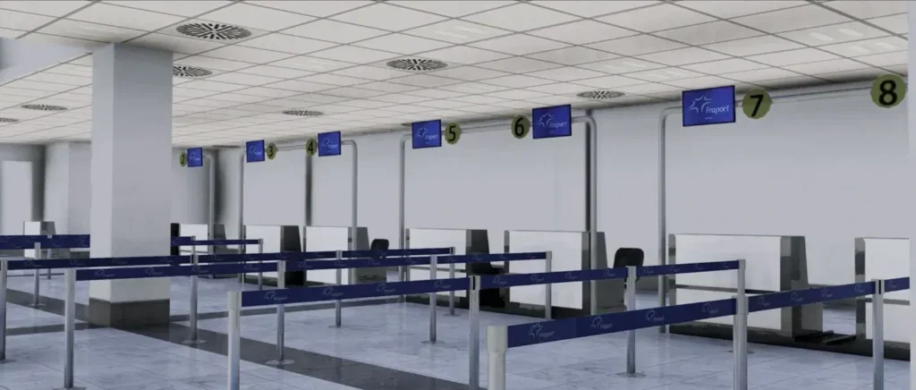 Área de check-in do Mykonos Airport no X-Plane 12