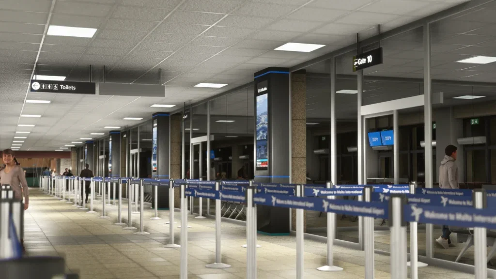 Interior de check-in do Malta International Airport no cenário da iniBuilds