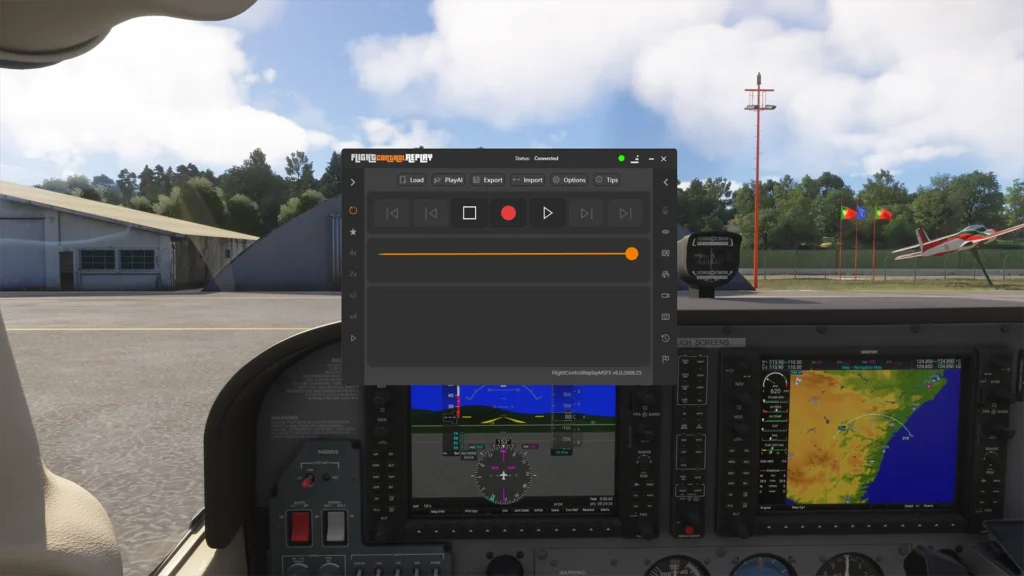 FlightControlReplay 6 exibindo aeronave e ferramenta de replay no simulador