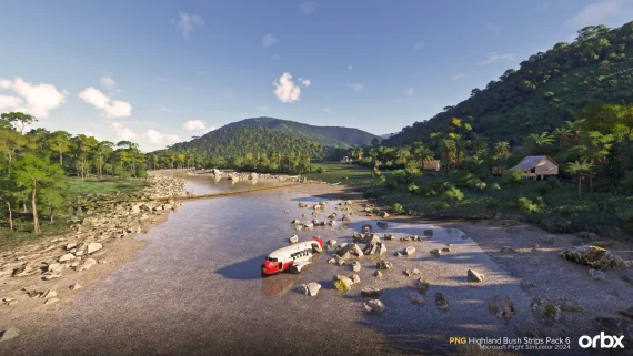 Rio e relevo tropical no cenário PNG Highland Bush Strips Pack 6 da Orbx.