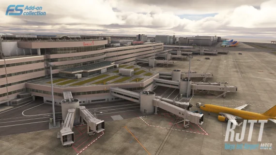 Operação noturna em Tokyo Haneda RJTT no cenário da TechnoBrain para MSFS