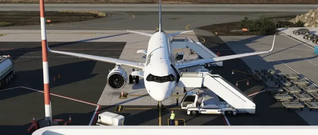 Aeronave estacionada no cenário Mykonos da Skydom
