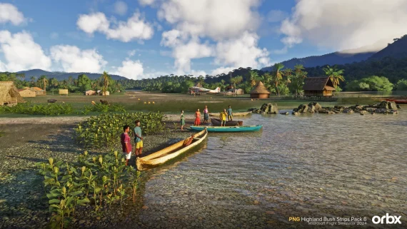 Barcos e vila em rio no PNG Highland Bush Strips Pack 6 da Orbx.