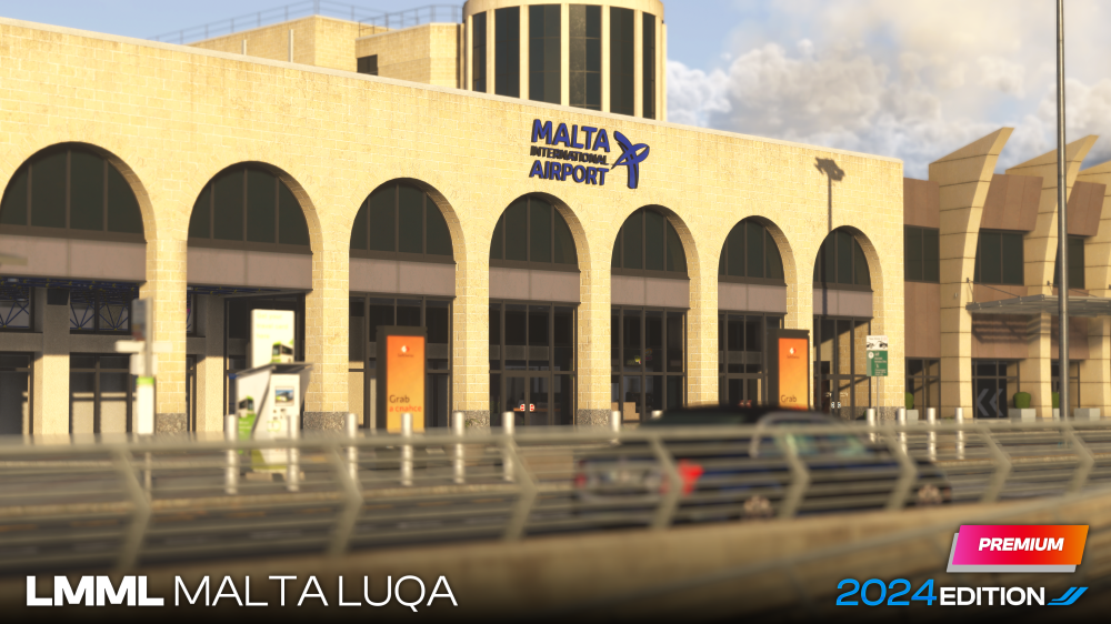 Fachada do terminal Malta Airport no cenário Malta Luqa LMML da iniBuilds
