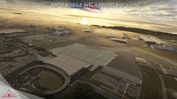 KBFM Mobile International Airport ao entardecer no Microsoft Flight Simulator