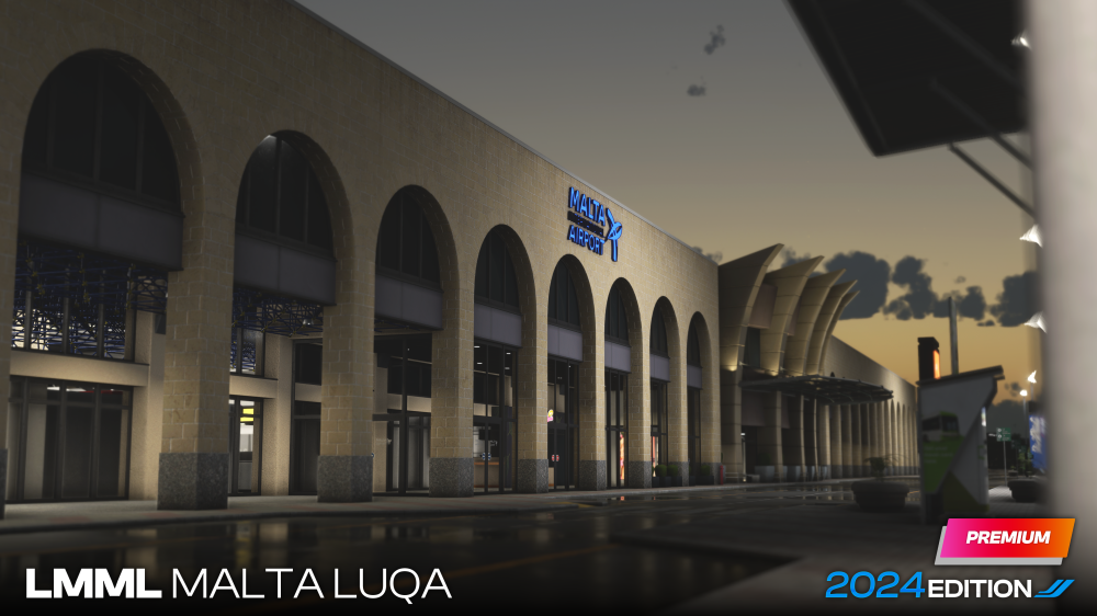 Terminal de Malta Luqa à noite no cenário iniBuilds para MSFS 2024