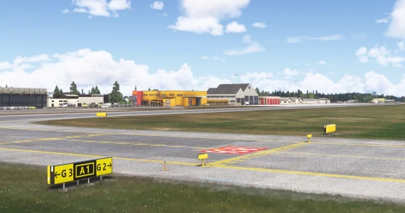 Área de pátio e taxiway do ENZV Stavanger Sola no Microsoft Flight Simulator.