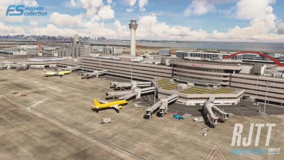 Vista aérea do aeroporto Tokyo Haneda RJTT no cenário da TechnoBrain para MSFS