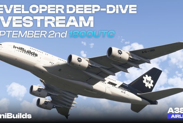Imagem promocional do livestream de deep-dive do Airbus A380 da iniBuilds para o Microsoft Flight Simulator