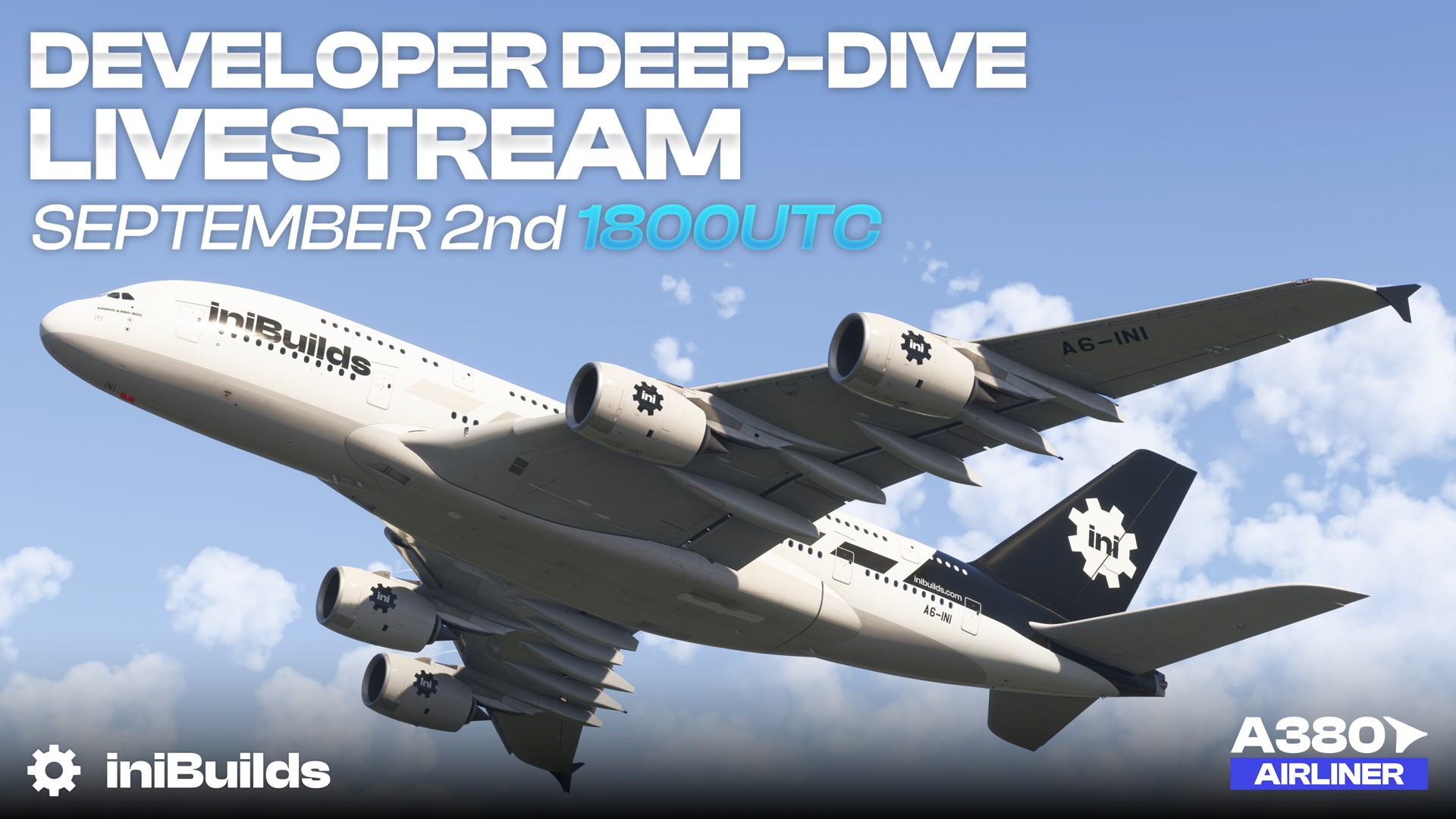 Imagem promocional do livestream de deep-dive do Airbus A380 da iniBuilds para o Microsoft Flight Simulator