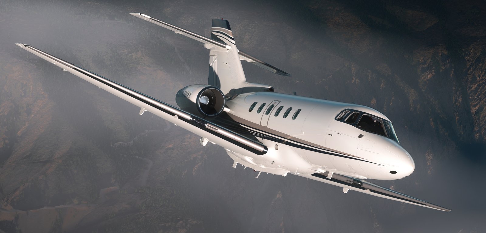 FlightFX Hawker 800XP em voo sobre uma região montanhosa