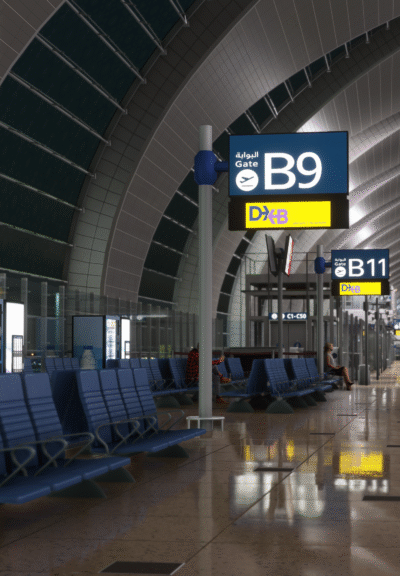 Interior do Dubai International Airport no cenário Dubai V2 para MSFS 2024.