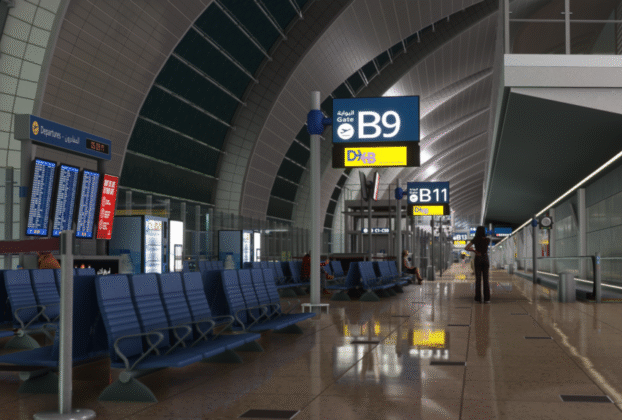 Interior do Dubai International Airport no cenário Dubai V2 para MSFS 2024.