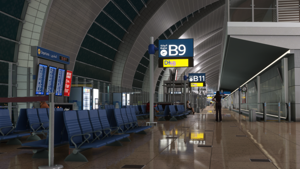 Interior do Dubai International Airport no cenário Dubai V2 para MSFS 2024.