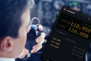 Interface do OurRadioFS com frequências de rádio VHF no simulador