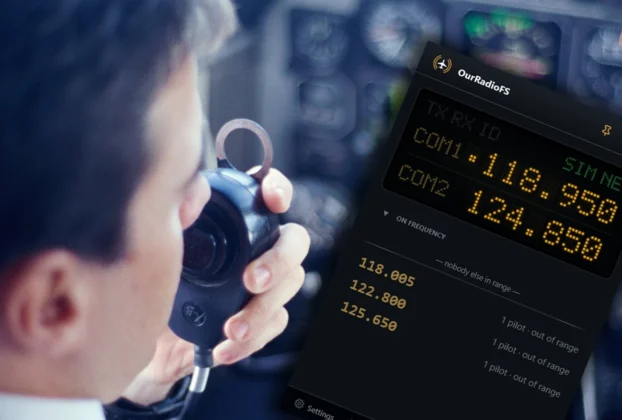 Interface do OurRadioFS com frequências de rádio VHF no simulador