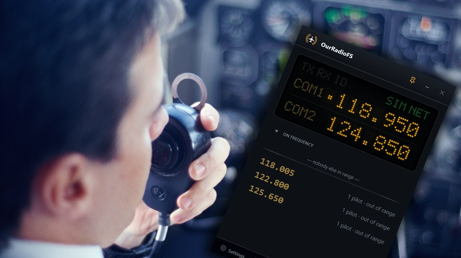 Interface do OurRadioFS com frequências de rádio VHF no simulador