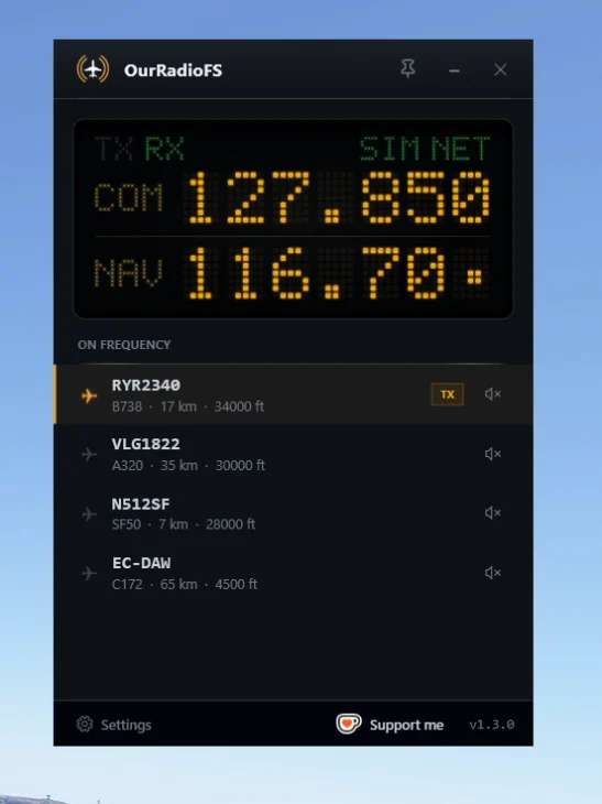 Interface do OurRadioFS com frequências de rádio VHF no simulador