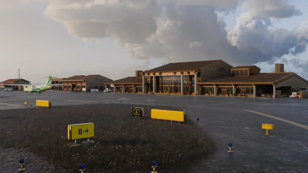Terminal e paisagem do cenário iniBuilds El Hierro para Microsoft Flight Simulator 2024
