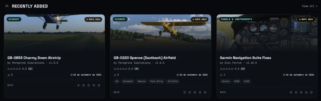 Catálogo da plataforma Hangar Addons com novos addons para simuladores de voo.