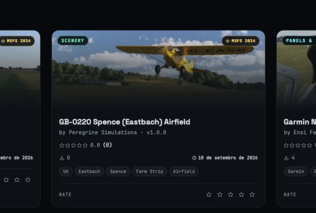 Catálogo da plataforma Hangar Addons com novos addons para simuladores de voo.