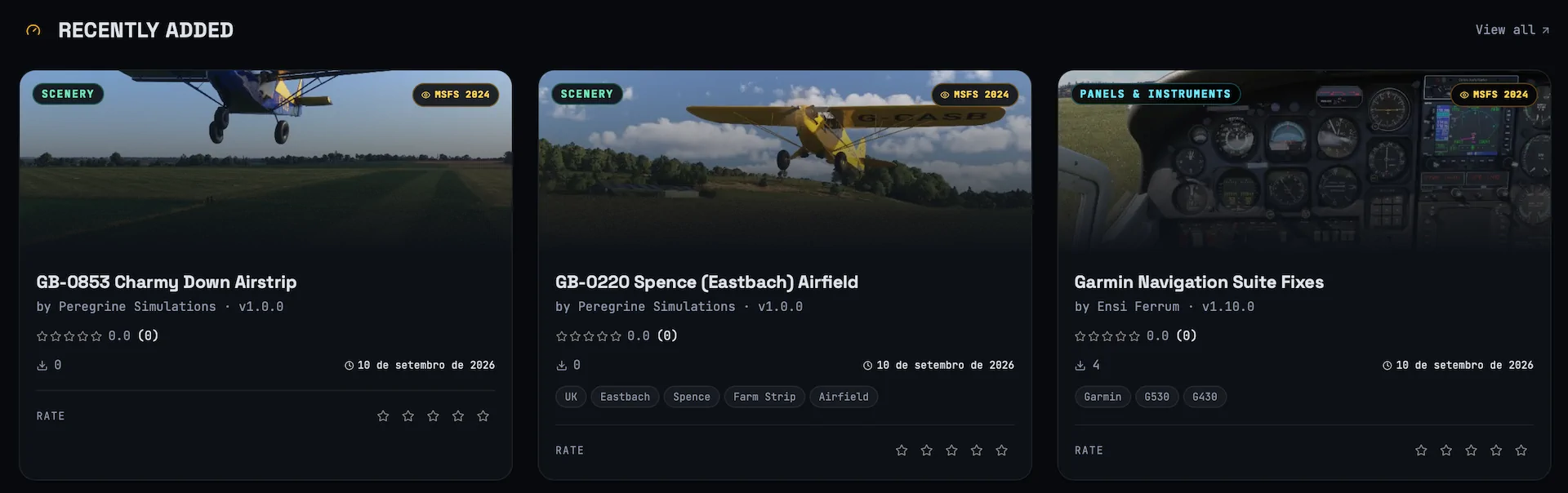 Catálogo da plataforma Hangar Addons com novos addons para simuladores de voo.