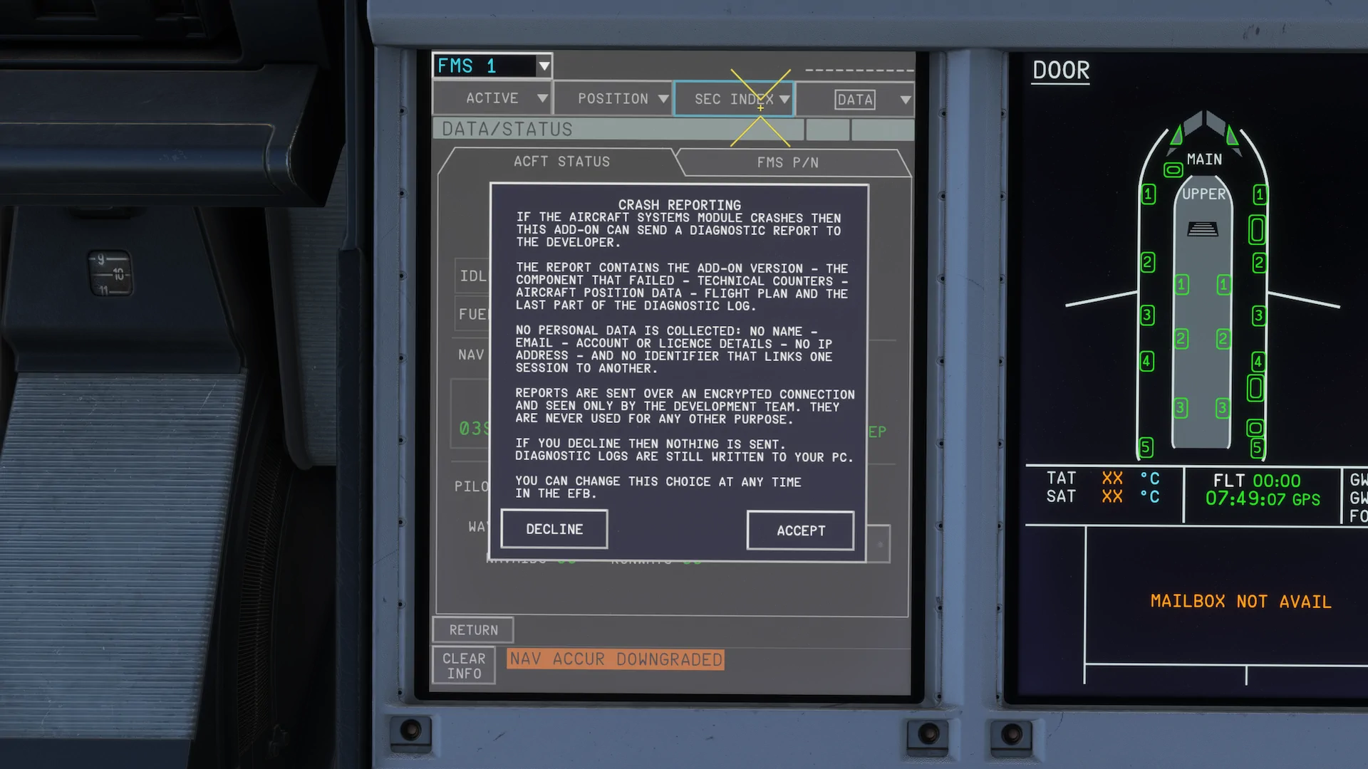 Janela de consentimento para envio opcional de relatório de falha do iniBuilds A380.