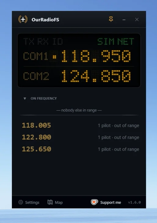 Interface do OurRadioFS com frequências de rádio VHF no simulador