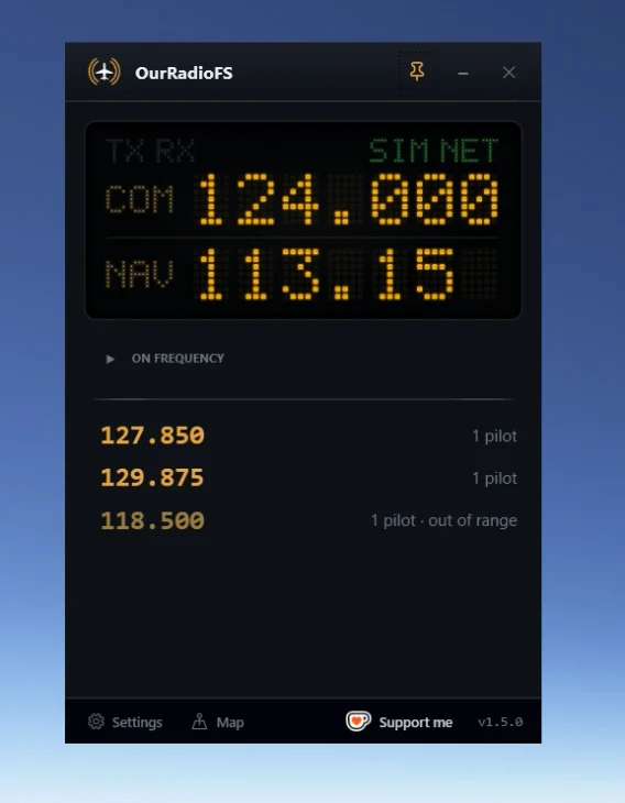 Interface do OurRadioFS com frequências de rádio VHF no simulador